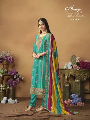 Turquoise embroidered chinon silk salwar suit with dupatta 2