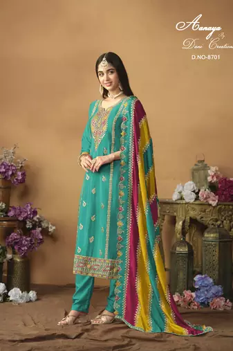 Turquoise embroidered chinon silk salwar suit with dupatta