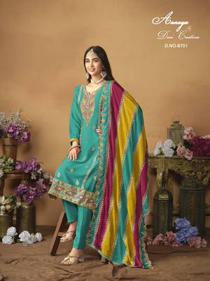 Turquoise embroidered chinon silk salwar suit with dupatta 3