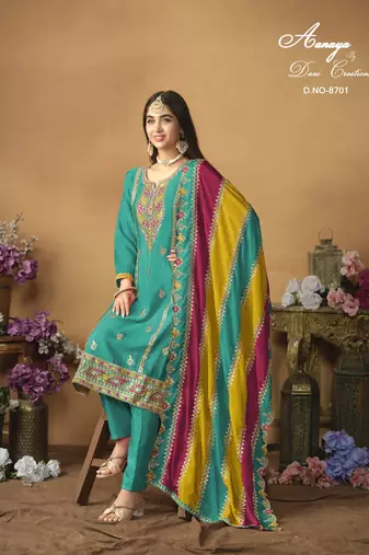 Turquoise embroidered chinon silk salwar suit with dupatta