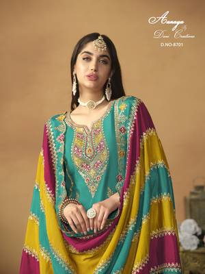 Turquoise embroidered chinon silk salwar suit with dupatta 4