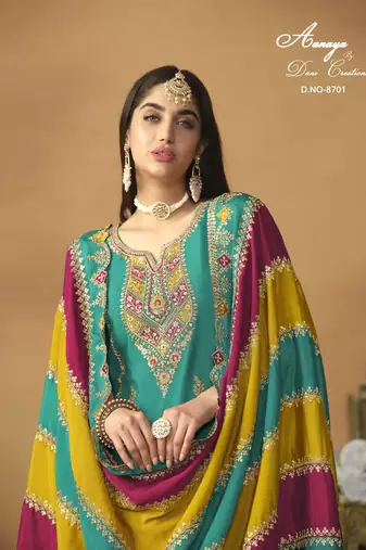 Turquoise embroidered chinon silk salwar suit with dupatta