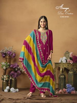 rani pink chiffon salwar suit with embroidered work 1