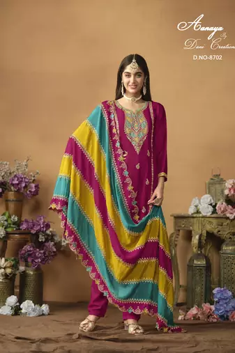Rani color chinon silk salwar suits with chinon silk dupatta