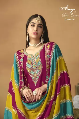 rani pink chiffon salwar suit with embroidered work
