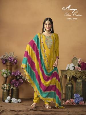 Yellow embroidered chinon silk salwar suit with dupatta 1