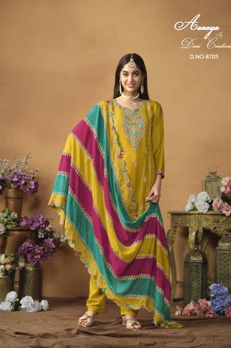 Yellow color chinon silk salwar suits with chinon silk dupatta