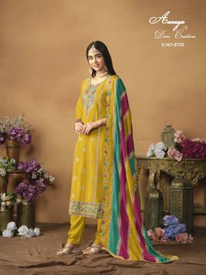 Yellow embroidered chinon silk salwar suit with dupatta 2