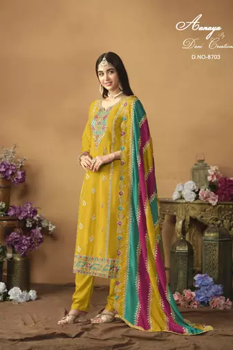 Yellow embroidered chinon silk salwar suit with dupatta