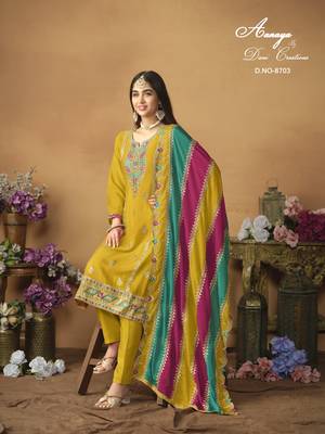 Yellow embroidered chinon silk salwar suit with dupatta 3