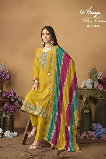 Yellow embroidered chinon silk salwar suit with dupatta