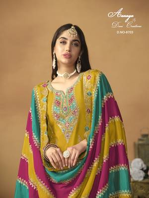 Yellow embroidered chinon silk salwar suit with dupatta 4