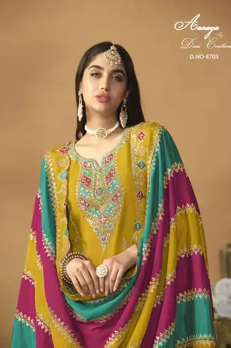 Yellow embroidered chinon silk salwar suit with dupatta