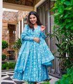 Pure maslin fabric kurta plazzo and dupatta set in bright blue color