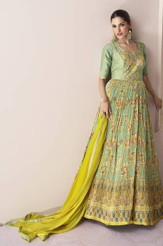 Green and yellow multi embroidery printed wedding anarkali suit