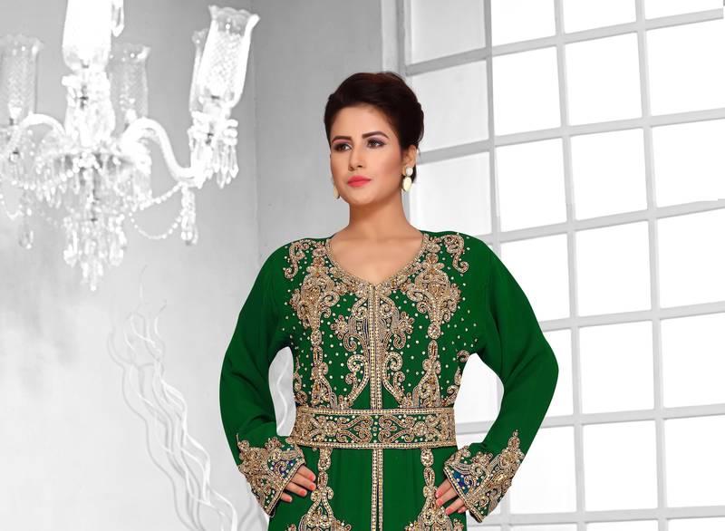 Dark Green color luxurious Full Sleeves Handmade Moroccan Kaftan .