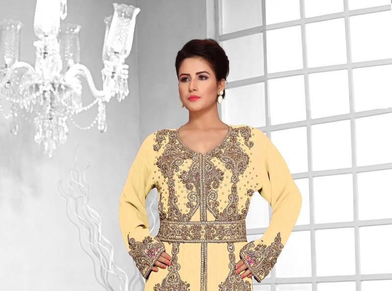 Beige color luxurious Full Sleeves Handmade Moroccan Kaftan.