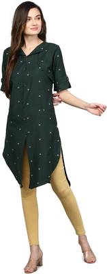 Green Cotton Woven Thread Work Kurti 1