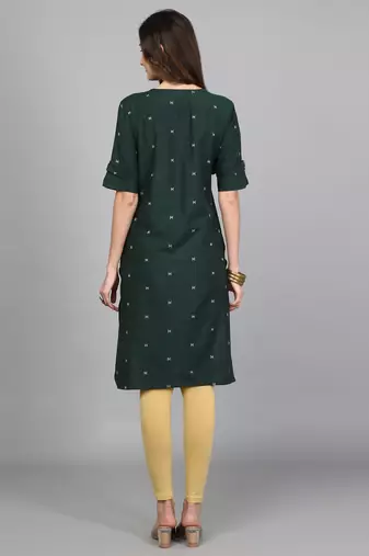 Green Cotton Woven Thread Work Kurti
