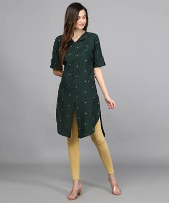 Green Cotton Woven Thread Work Kurti 3