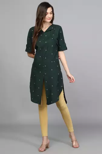 Green Cotton Woven Thread Work Kurti