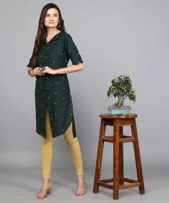 Green Cotton Woven Thread Work Kurti 4