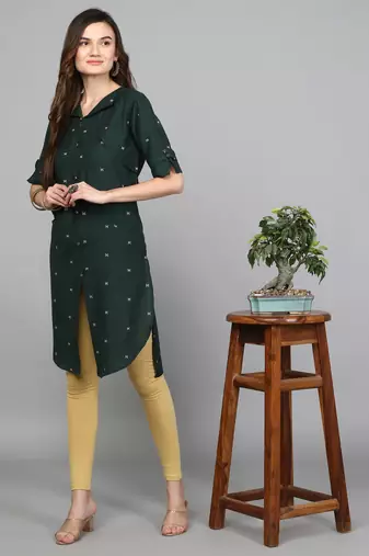 Green Cotton Woven Thread Work Kurti