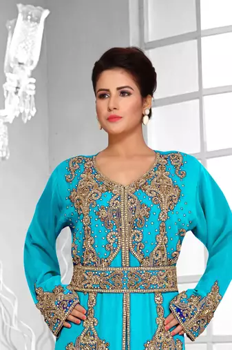Cyan color Full Sleeves Handmade Moroccan Kaftan 