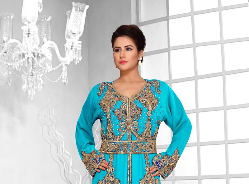 Cyan color luxurious Full Sleeves Handmade Moroccan Kaftan .