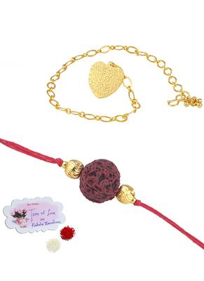 Handmade combo couple pair panch mukhi rudraksh rakhi & gold heart charm unisex bracelet set for bhaiya bhabhi 1