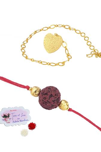 Handmade combo couple pair panch mukhi rudraksh rakhi & gold heart charm unisex bracelet set for bhaiya bhabhi