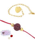 Handmade combo couple pair panch mukhi rudraksh rakhi & gold heart charm unisex bracelet set for bhaiya bhabhi
