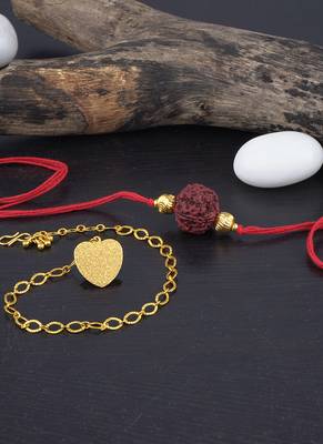 Handmade combo couple pair panch mukhi rudraksh rakhi & gold heart charm unisex bracelet set for bhaiya bhabhi 2