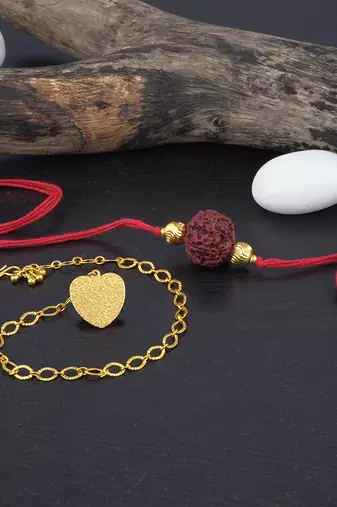 Handmade combo couple pair panch mukhi rudraksh rakhi & gold heart charm unisex bracelet set for bhaiya bhabhi