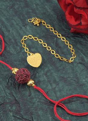Handmade combo couple pair panch mukhi rudraksh rakhi & gold heart charm unisex bracelet set for bhaiya bhabhi 3