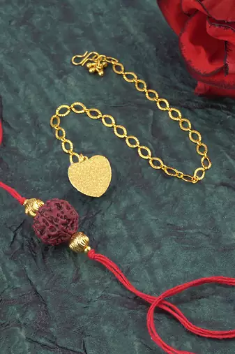 Handmade combo couple pair panch mukhi rudraksh rakhi & gold heart charm unisex bracelet set for bhaiya bhabhi
