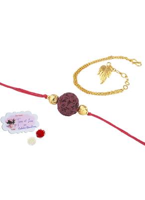 Handmade combo couple pair panch mukhi rudraksh rakhi & gold leaf charm unisex bracelet set for bhaiya bhabhi 1