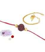 Handmade combo couple pair panch mukhi rudraksh rakhi & gold leaf charm unisex bracelet set for bhaiya bhabhi