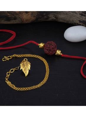 Handmade combo couple pair panch mukhi rudraksh rakhi & gold leaf charm unisex bracelet set for bhaiya bhabhi 2