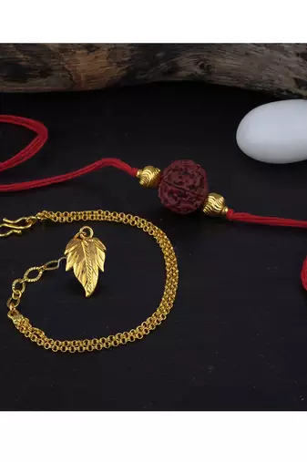 Handmade combo couple pair panch mukhi rudraksh rakhi & gold leaf charm unisex bracelet set for bhaiya bhabhi
