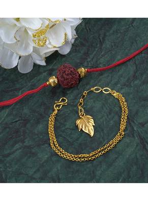 Handmade combo couple pair panch mukhi rudraksh rakhi & gold leaf charm unisex bracelet set for bhaiya bhabhi 3