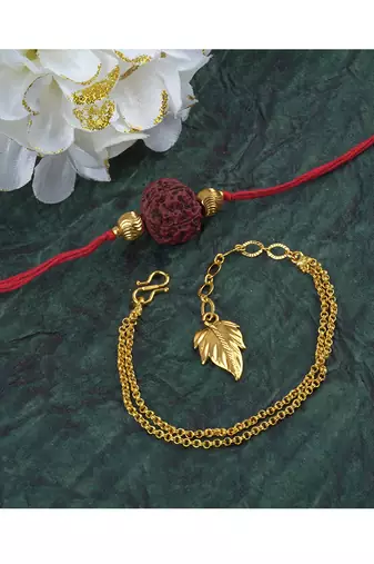 Handmade combo couple pair panch mukhi rudraksh rakhi & gold leaf charm unisex bracelet set for bhaiya bhabhi