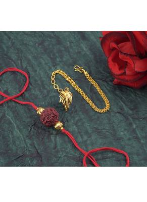 Handmade combo couple pair panch mukhi rudraksh rakhi & gold leaf charm unisex bracelet set for bhaiya bhabhi 4