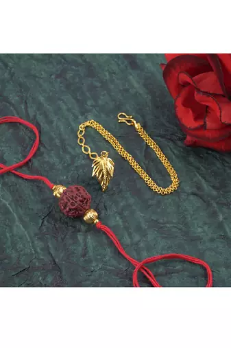 Handmade combo couple pair panch mukhi rudraksh rakhi & gold leaf charm unisex bracelet set for bhaiya bhabhi