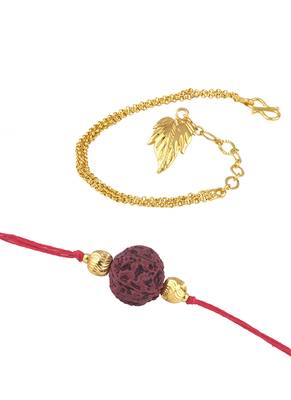 Handmade combo couple pair panch mukhi rudraksh rakhi & gold leaf charm unisex bracelet set for bhaiya bhabhi 5