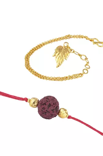 Handmade combo couple pair panch mukhi rudraksh rakhi & gold leaf charm unisex bracelet set for bhaiya bhabhi