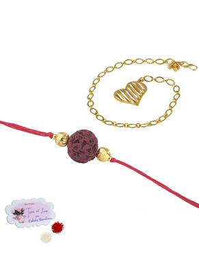 Handmade combo couple pair panch mukhi rudraksh rakhi & gold heart charm unisex bracelet set for bhaiya bhabhi 1