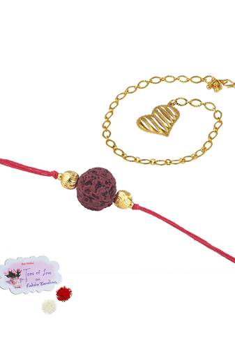 Handmade combo couple pair panch mukhi rudraksh rakhi & gold heart charm unisex bracelet set for bhaiya bhabhi