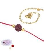 Handmade combo couple pair panch mukhi rudraksh rakhi & gold heart charm unisex bracelet set for bhaiya bhabhi