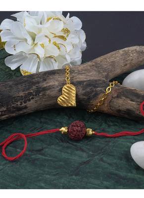 Handmade combo couple pair panch mukhi rudraksh rakhi & gold heart charm unisex bracelet set for bhaiya bhabhi 2